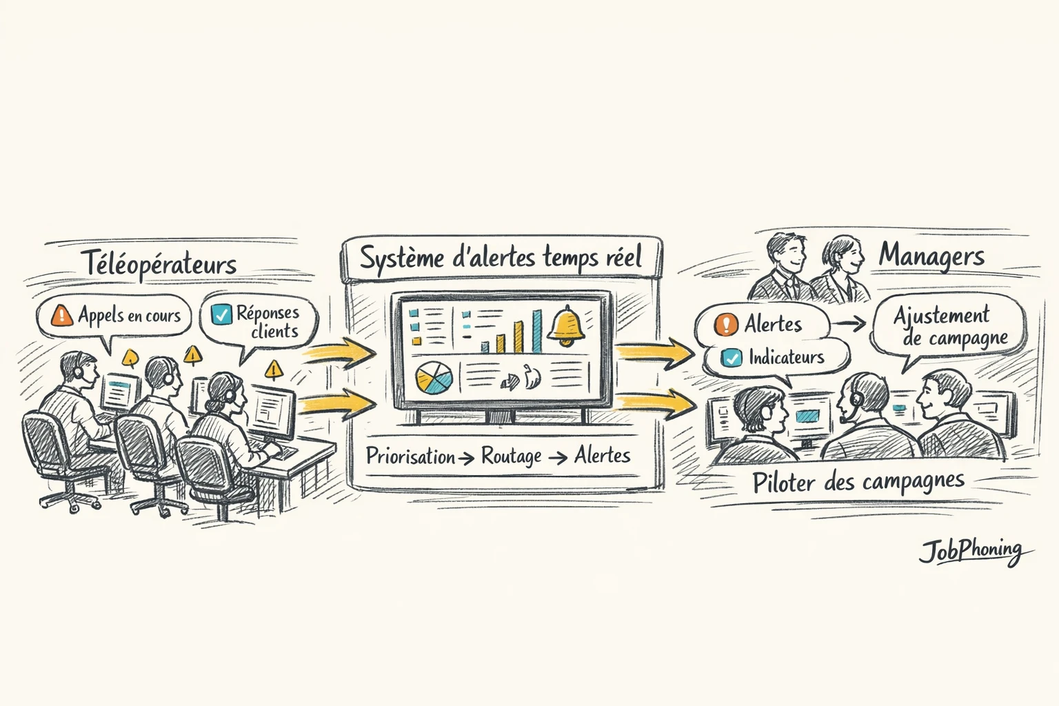 Schéma représentant la coordination des alertes commerciales via cercles imbriqués et flèches minimalistes
