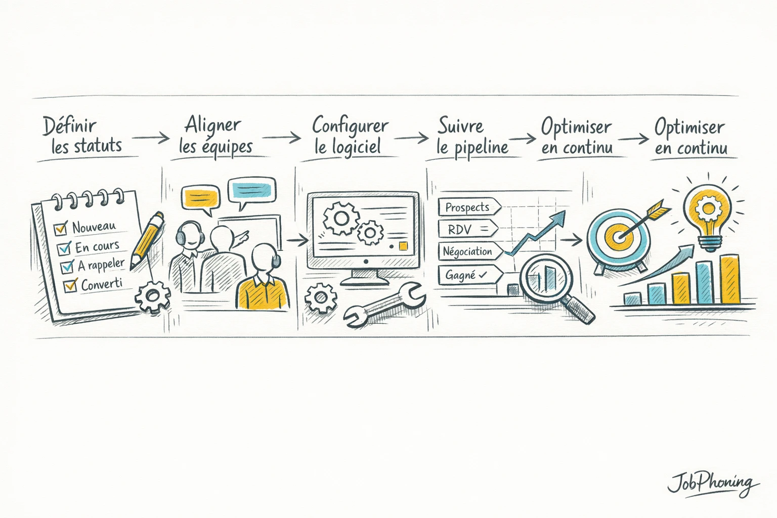Schéma représentant la configuration des statuts de contacts via blocs alignés et flèches séquentielles.