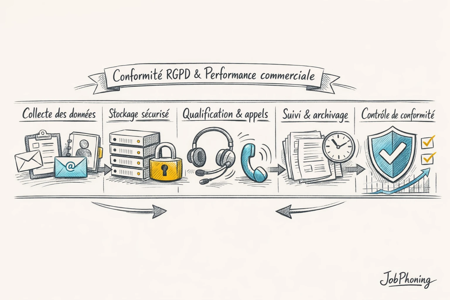 Schéma représentant la mise en conformité RGPD via un enchaînement de blocs reliés symbolisant les