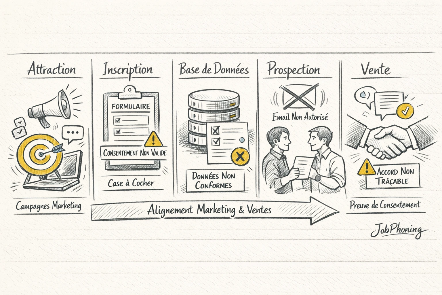 Schéma représentant les risques RGPD dans le parcours de leads via pipeline bleu et points