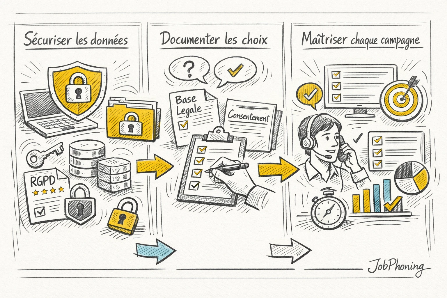 Schéma représentant un dispositif d’appels B2B conforme via blocs reliés, flèches et icônes téléphoniques abstraites.