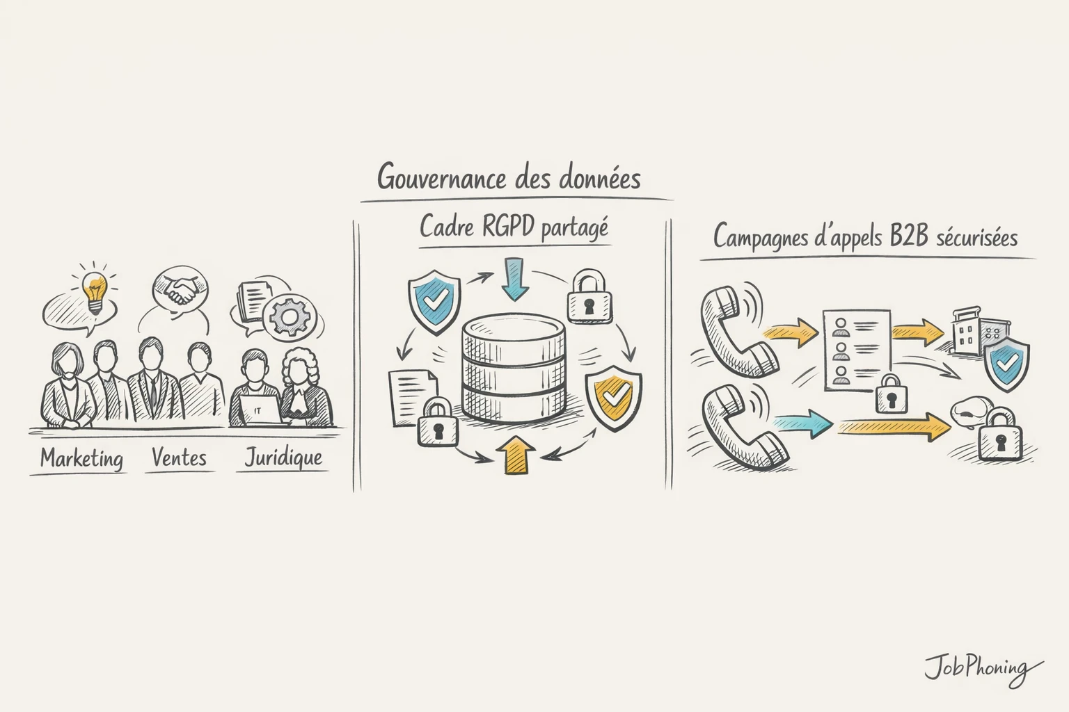 Infographie représentant organisation RGPD via un noyau central connecté à plusieurs blocs symbolisant services et
