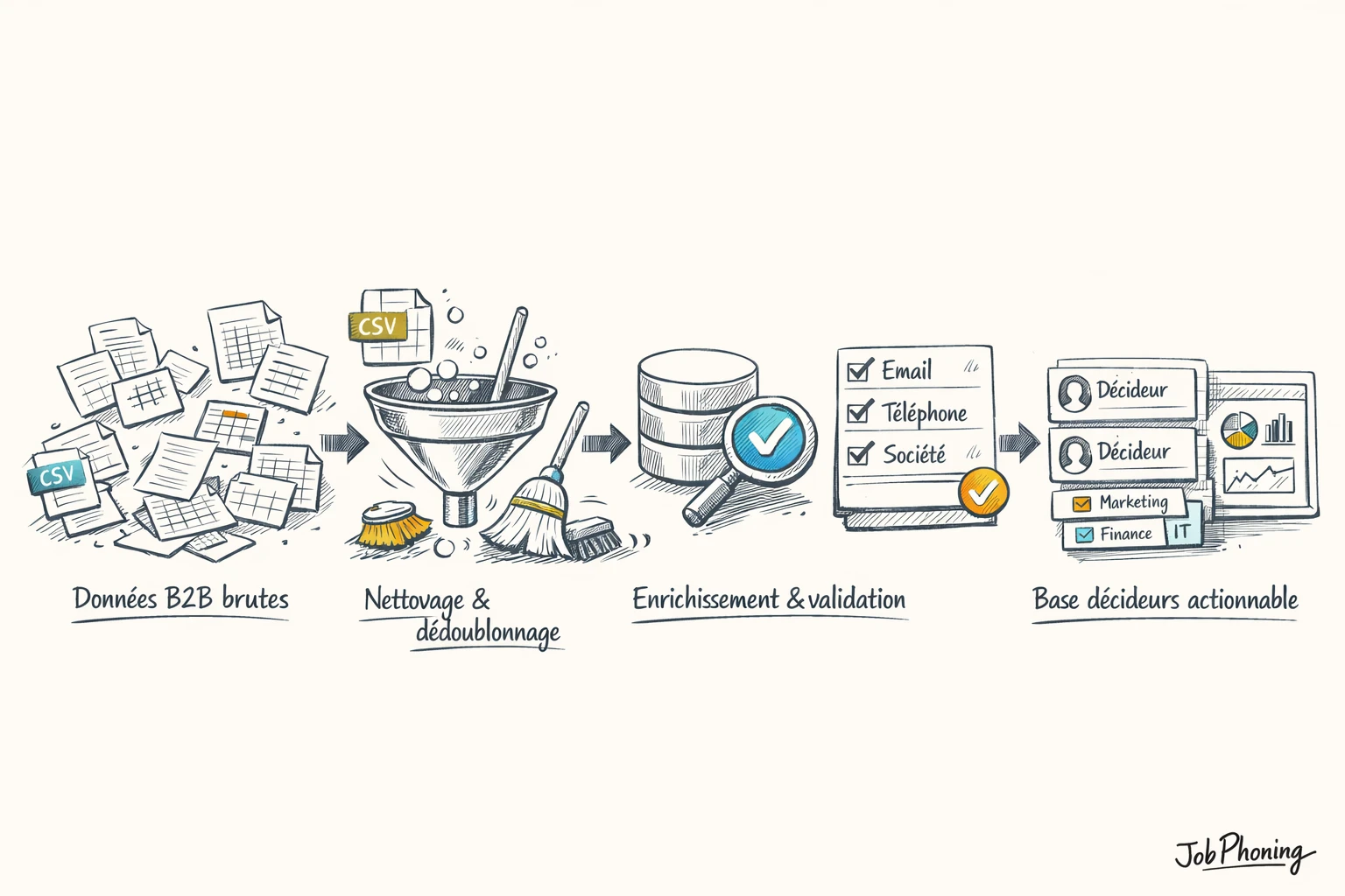 Schéma représentant la transformation de données dispersées en base décideurs via rectangles, flèches et blocs