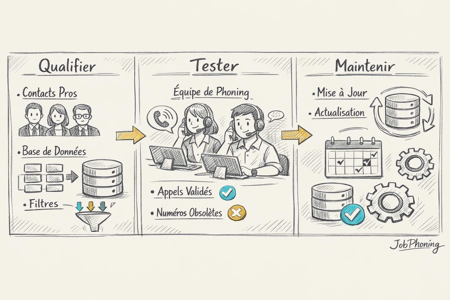 Schéma représentant la construction d’un fichier téléphonique B2B via blocs séquentiels reliés par flèches.