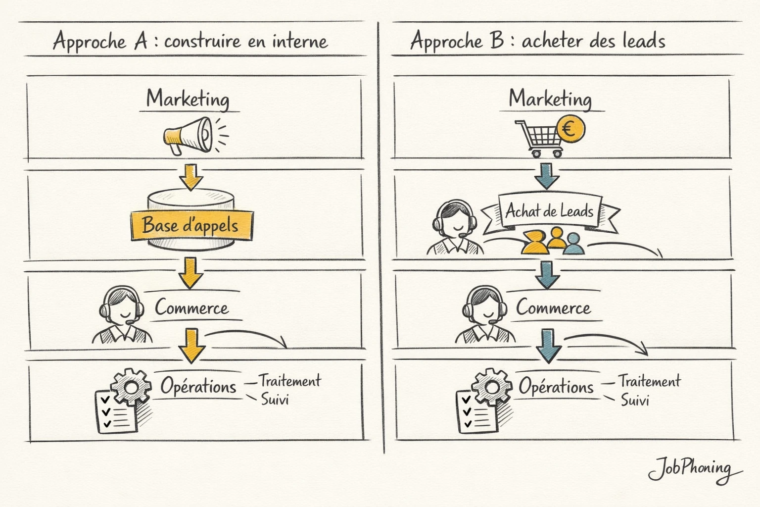 Infographie représentant l’impact organisationnel du choix de base téléphonique via deux branches reliées aux équipes.