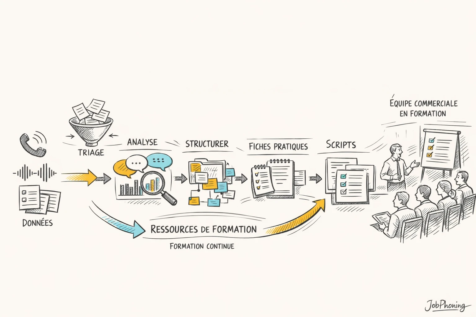 Schéma représentant la transformation d’appels téléphoniques en modules pédagogiques via blocs et flèches minimalistes