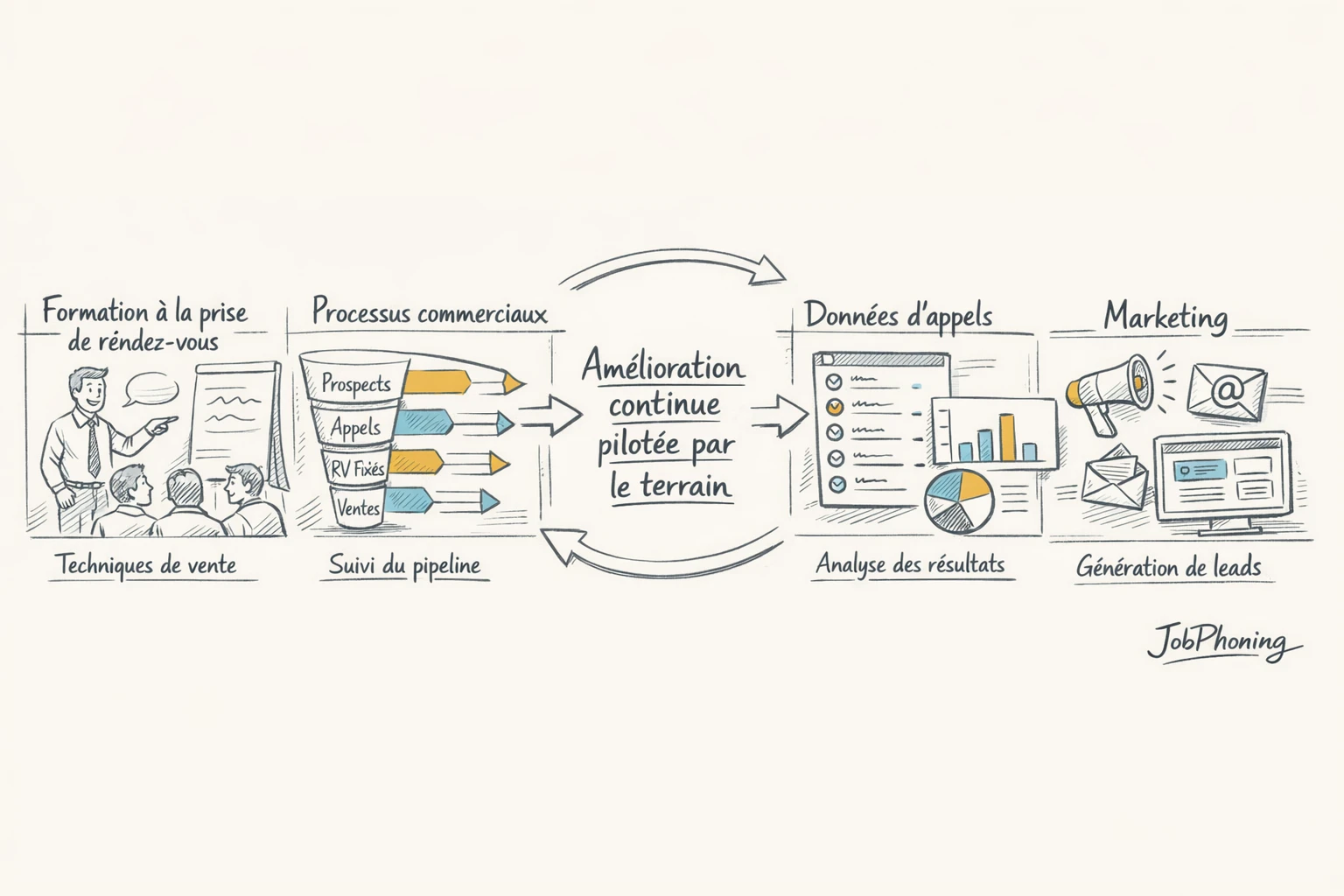 Infographie représentant l’intégration de la formation d’appels via hub central, flux, tableaux et boucle de