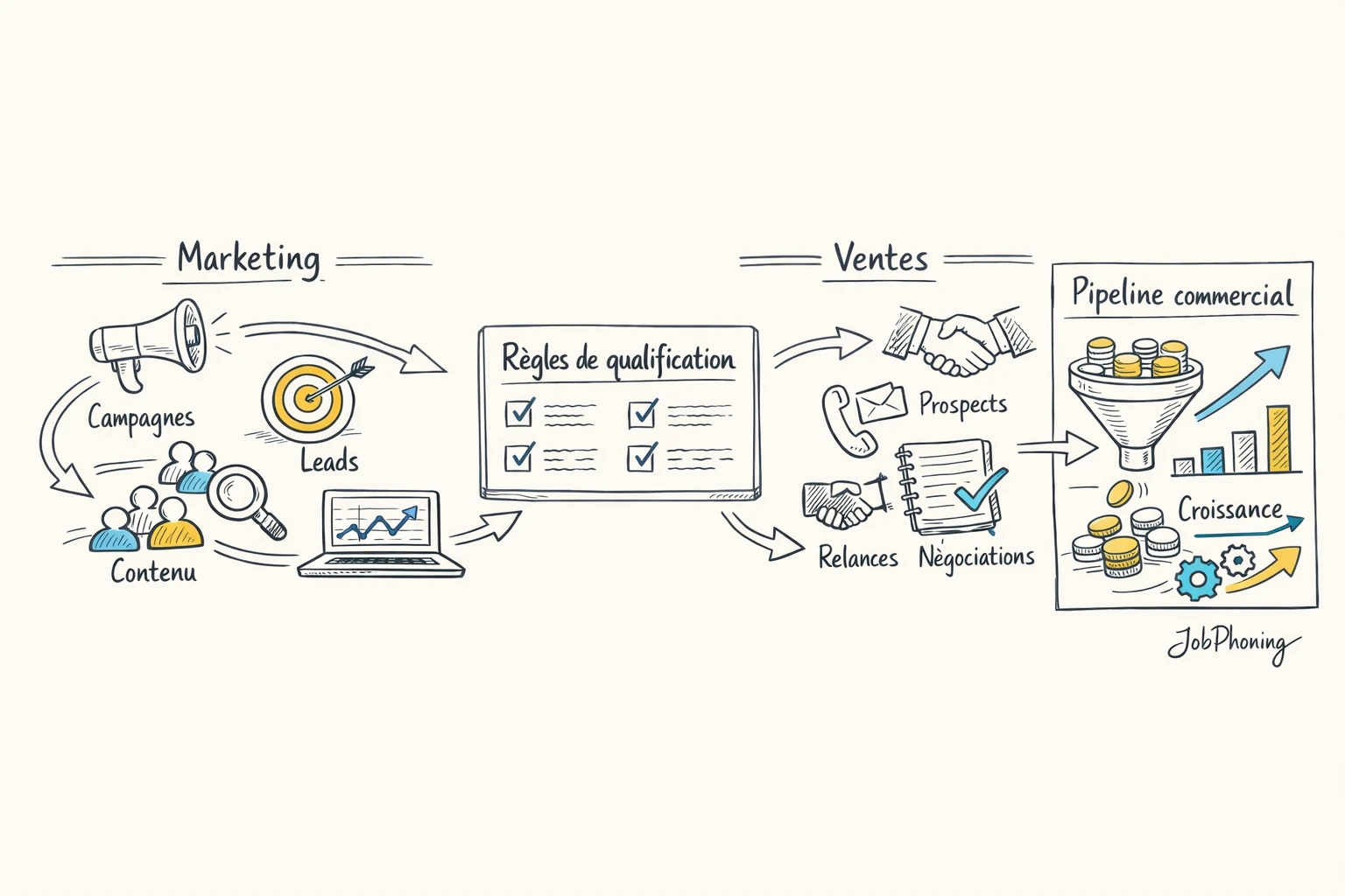 Schéma représentant l’alignement qualification marketing-ventes via un hub central relié à deux blocs et un