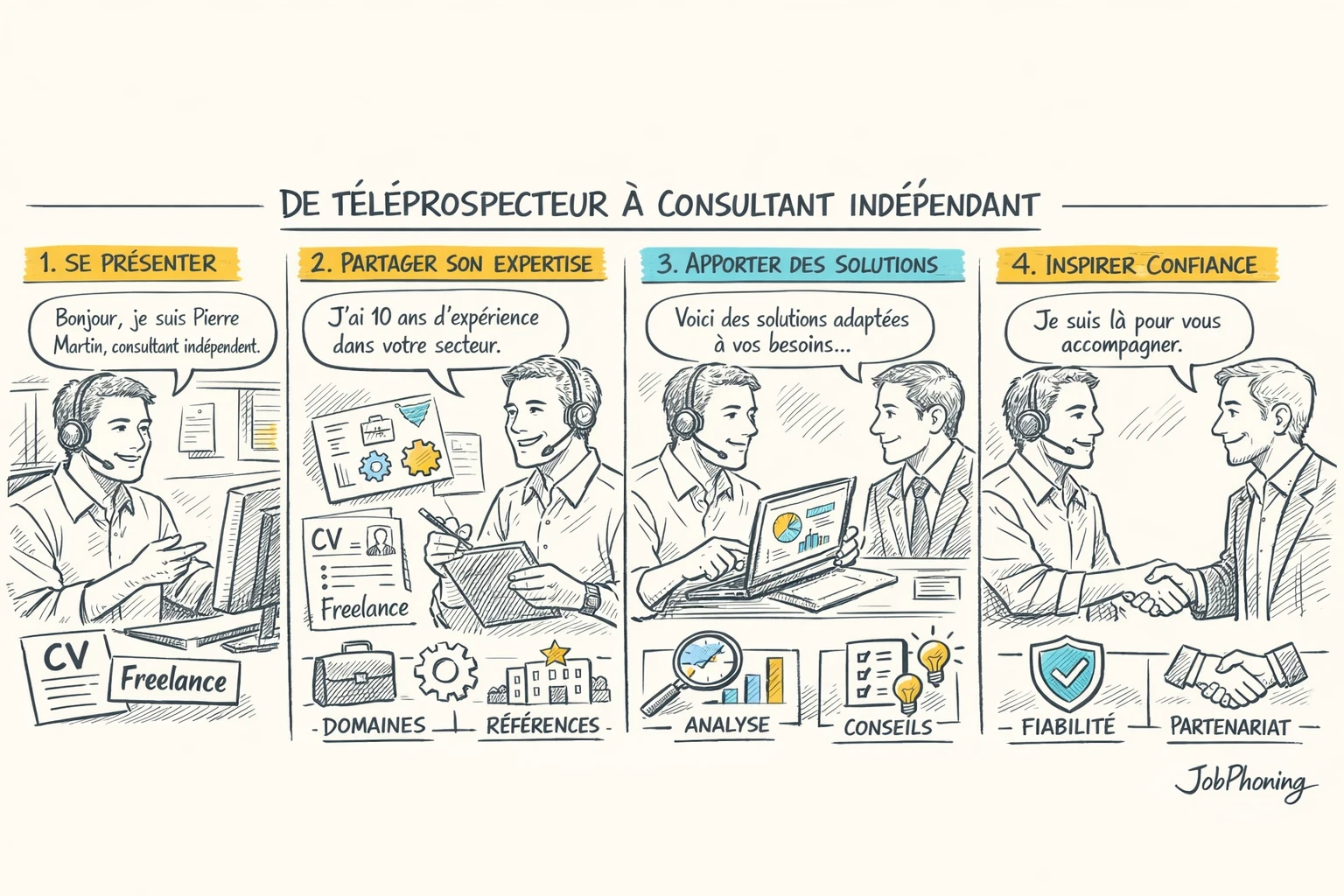 Schéma représentant la construction d’un profil de téléprospection via flux d’étapes reliées.