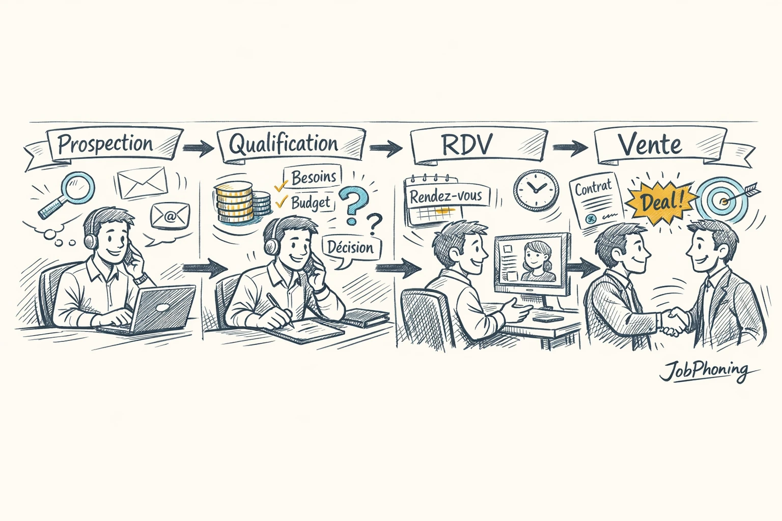 Schéma représentant la place du téléprospecteur via un pipeline segmenté bleu et jaune interconnecté.