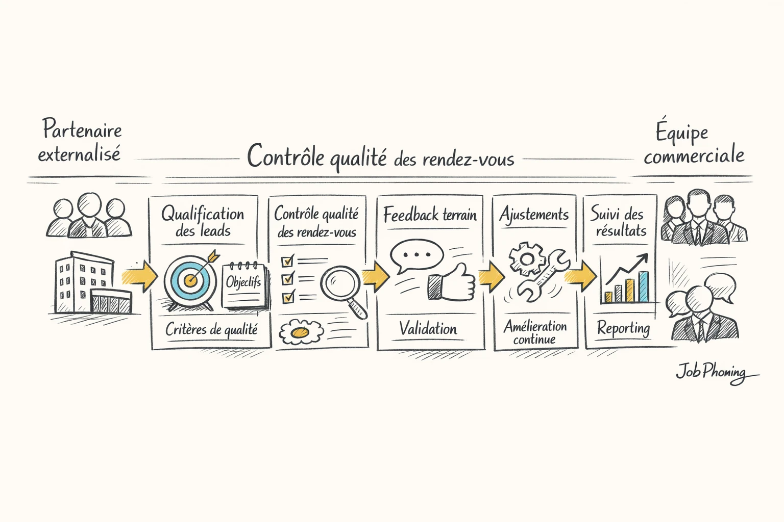 Schéma représentant un dispositif de contrôle qualité via blocs alignés, flèches linéaires et boucle de