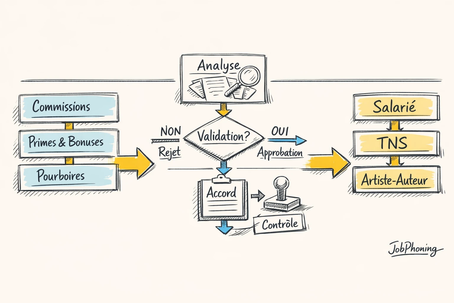 Schéma représentant la sécurisation des cotisations sociales via enchaînement de blocs et flèches minimalistes