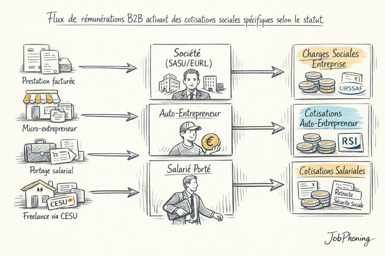 Schéma représentant le déclenchement des cotisations sociales via flux d’argent ramifiés vers plusieurs blocs abstraits.