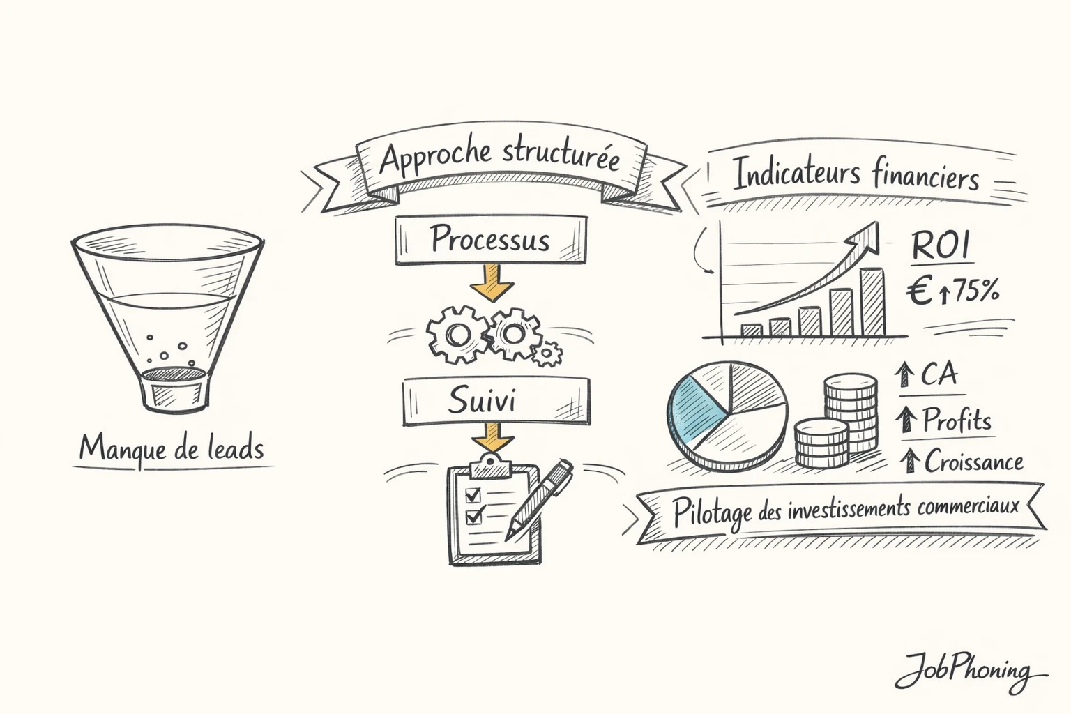 Schéma représentant l’évaluation du coût commercial via flèches, blocs et icônes abstraites alignées.