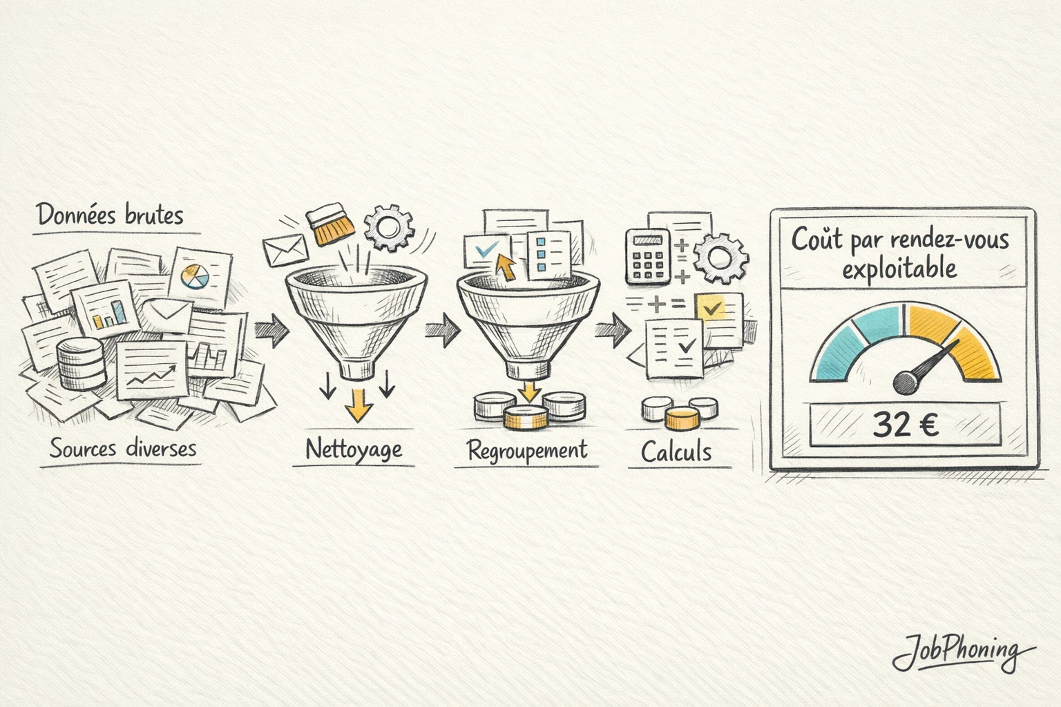 Schéma représentant le calcul du coût complet d’un rendez-vous via blocs et flèches reliés.