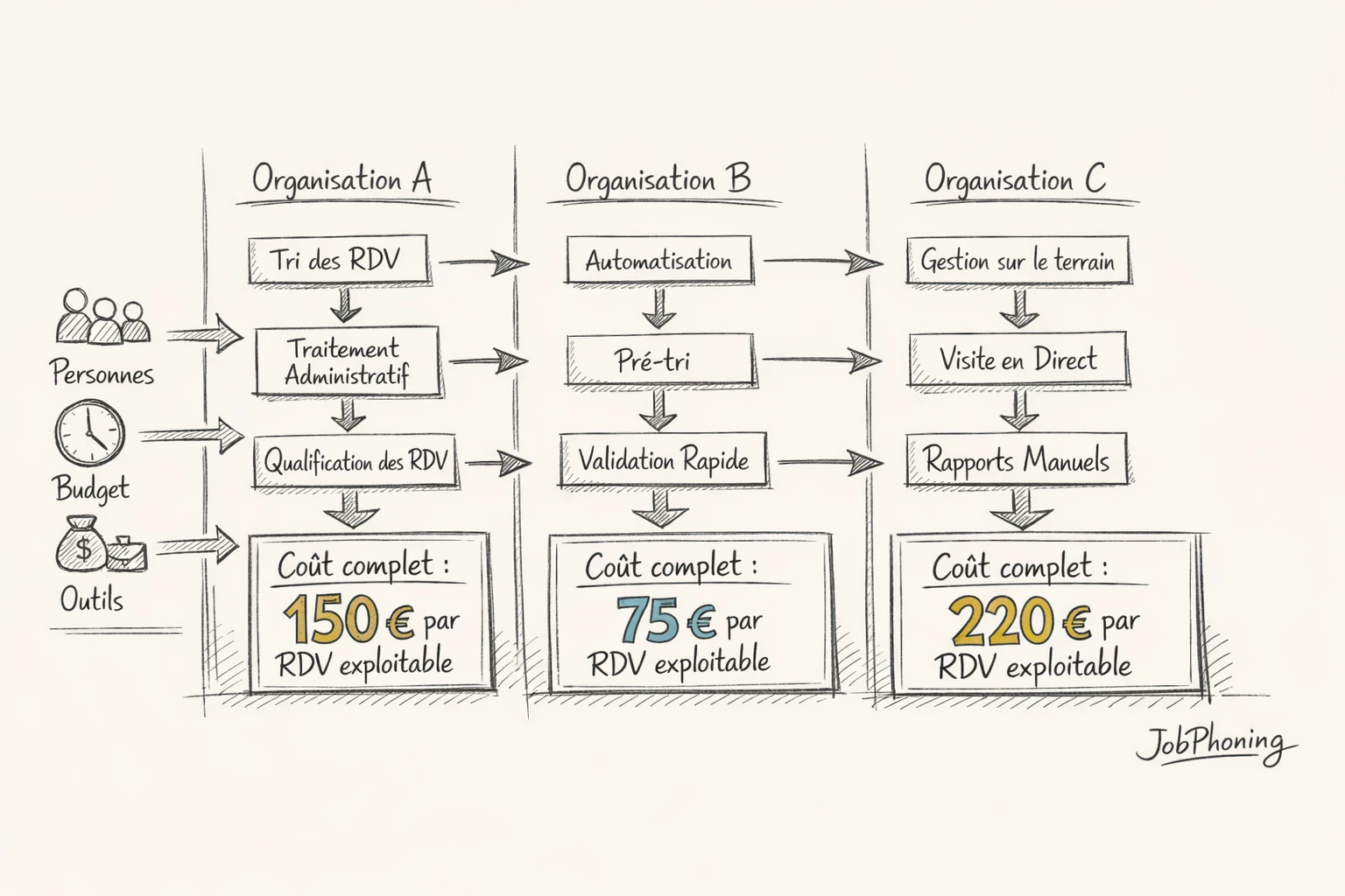 Infographie représentant les modèles d’organisation via trois entonnoirs colorés convergeant vers des blocs de coûts