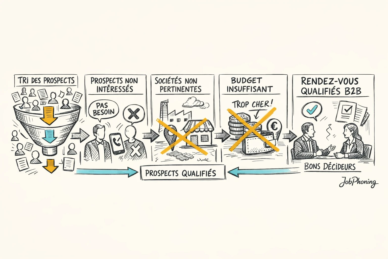 Schéma représentant la définition de critères d’exclusion via enchaînement de blocs et flèches épurés.