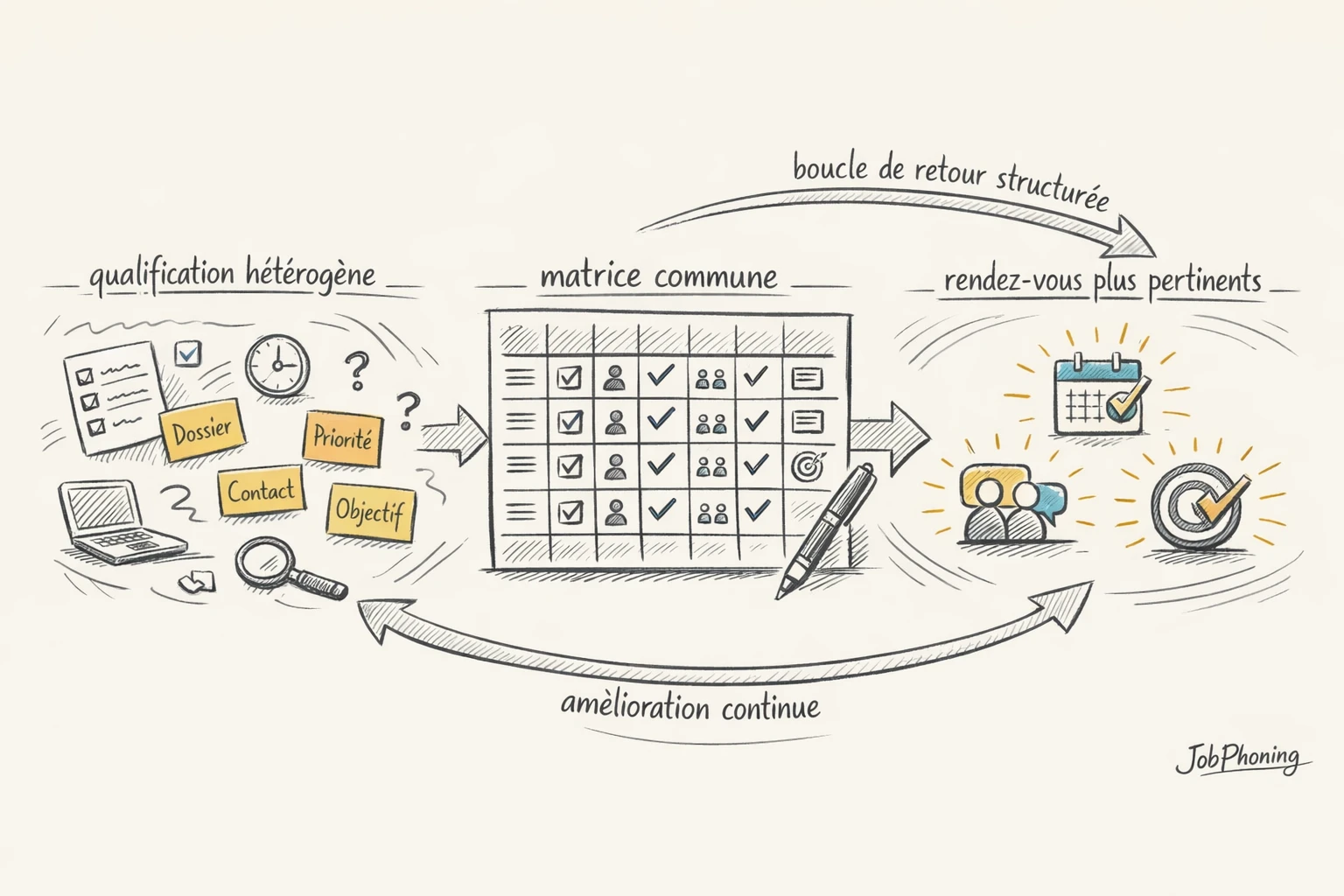 Schéma représentant alignement équipes marketing, prospection, vente via cercles connectés