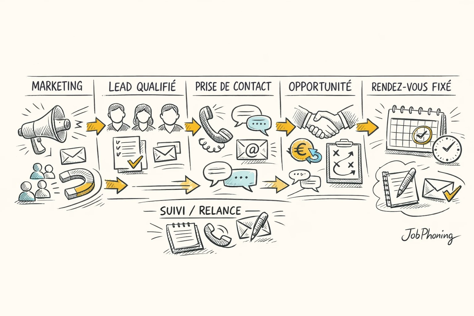 Schéma représentant le passage de leads à rendez-vous via pipeline, fiches et calendrier reliés.