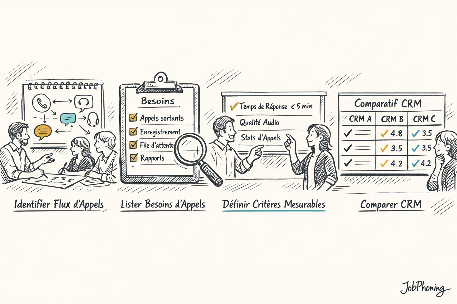 Schéma représentant la définition de critères CRM via enchaînement de blocs reliés illustrant un processus