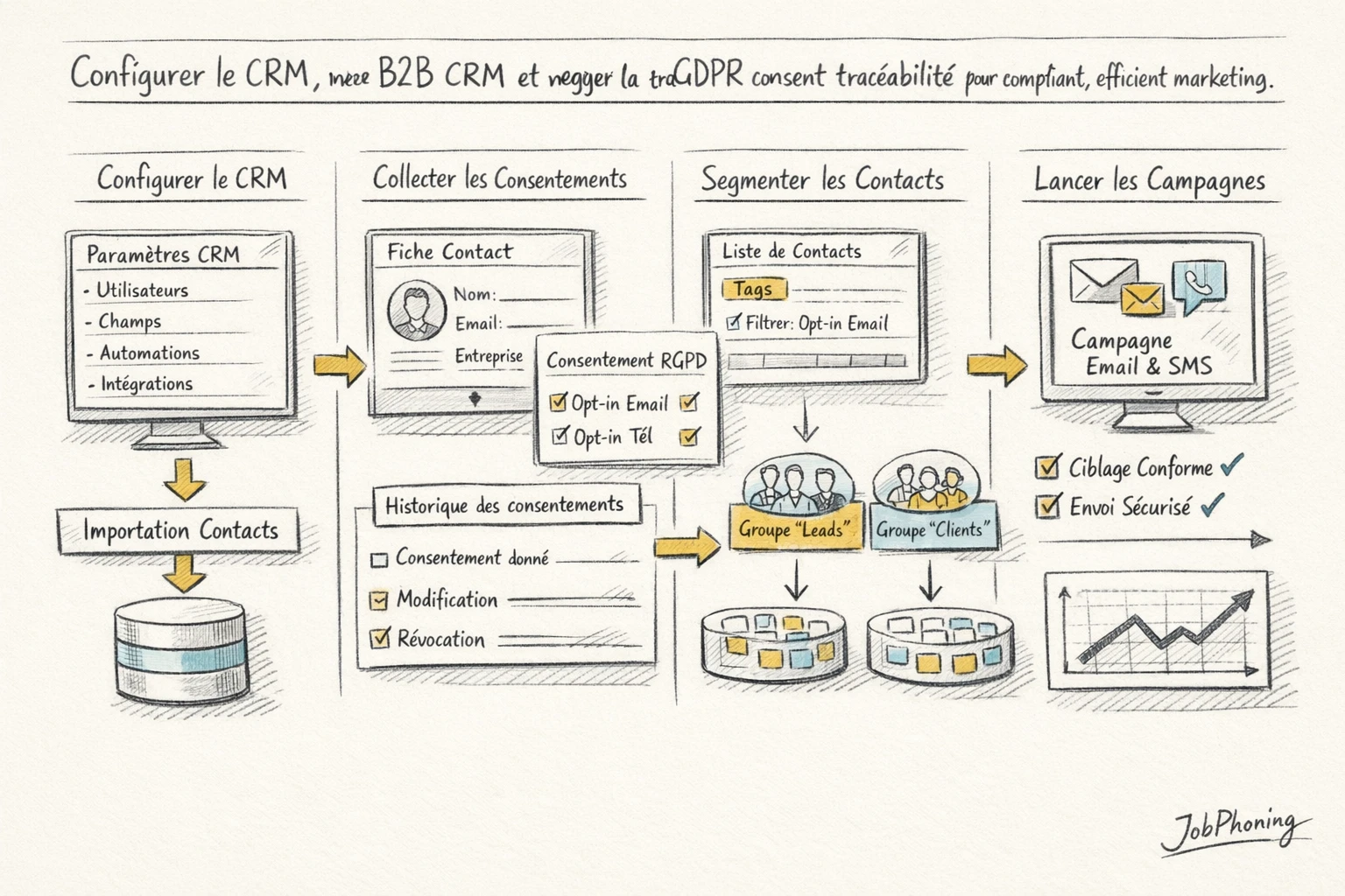 Schéma représentant la structuration des consentements RGPD via enchaînement de blocs CRM reliés par des