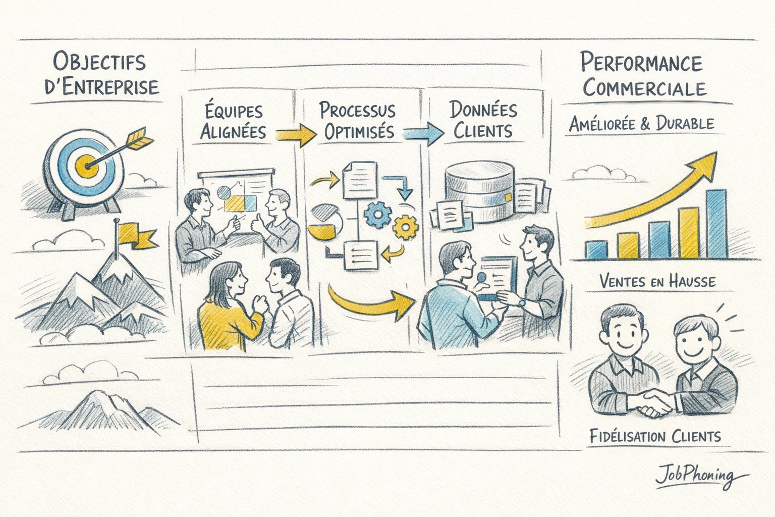 Schéma représentant un déploiement CRM structuré via flèches, blocs alignés et icônes abstraites.