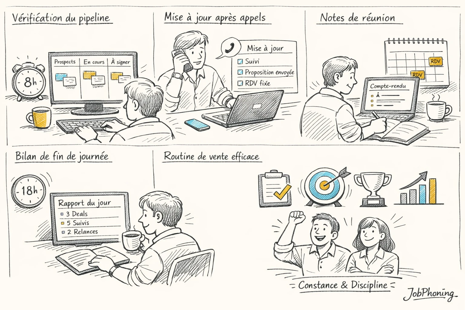 Schéma représentant la routine d’adoption CRM via enchaînement de blocs et flèches colorés.