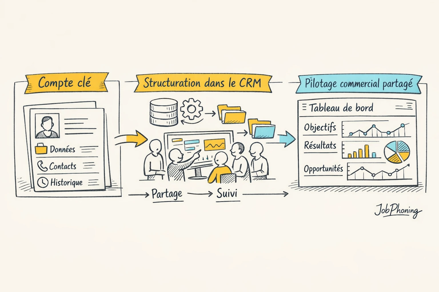 Schéma représentant l’organisation d’un plan de compte CRM via blocs reliés et flèches séquentielles