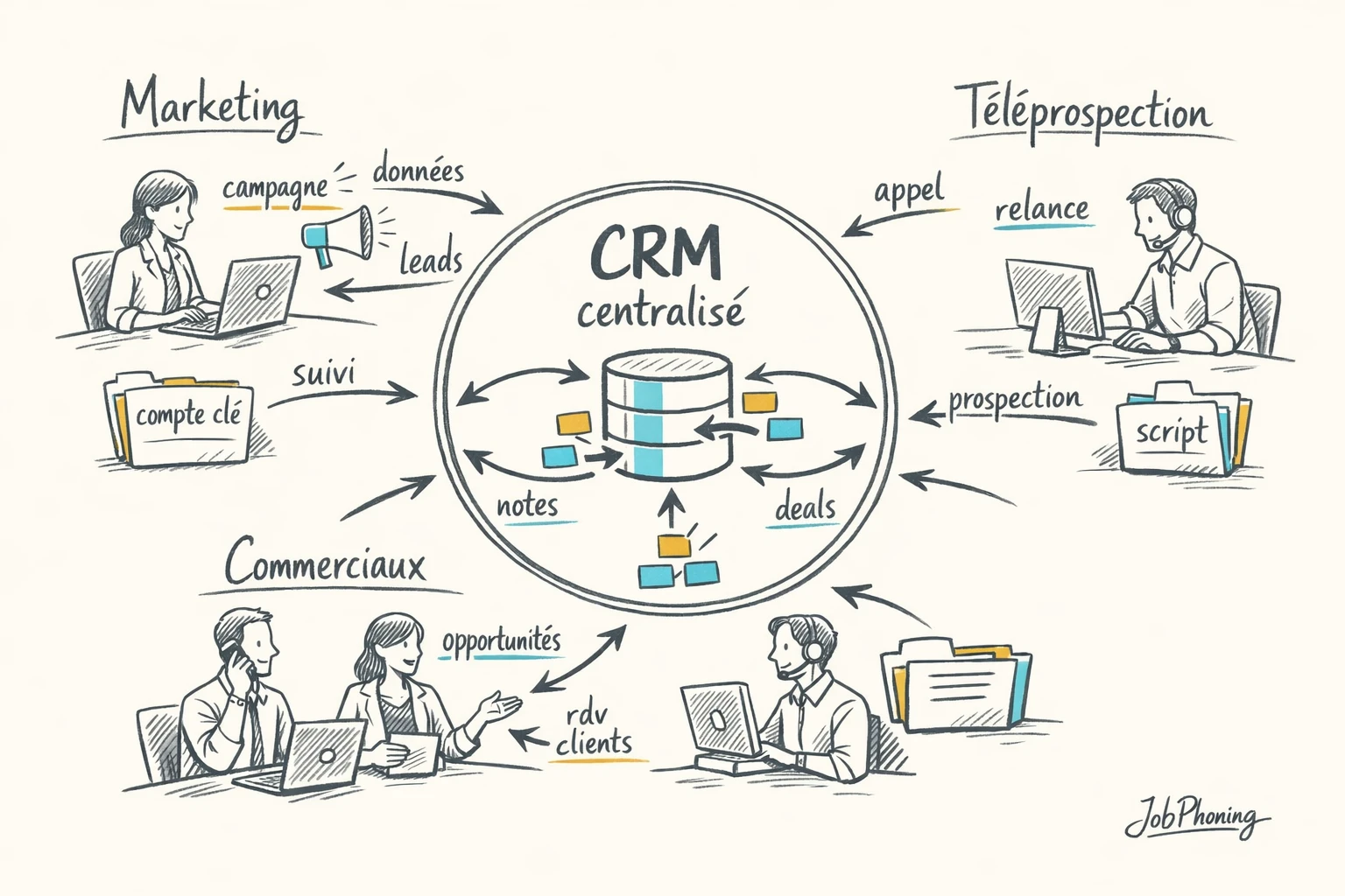 Schéma représentant la coordination des comptes clés via un noyau central connecté à trois blocs