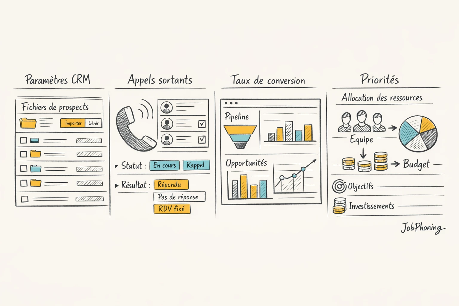 Schéma représentant la construction d’un tableau de bord CRM via blocs reliés et flèches successives.
