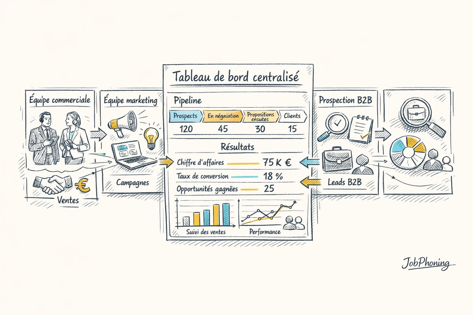 Schéma représentant un CRM unifié via un tableau central relié à plusieurs blocs métiers