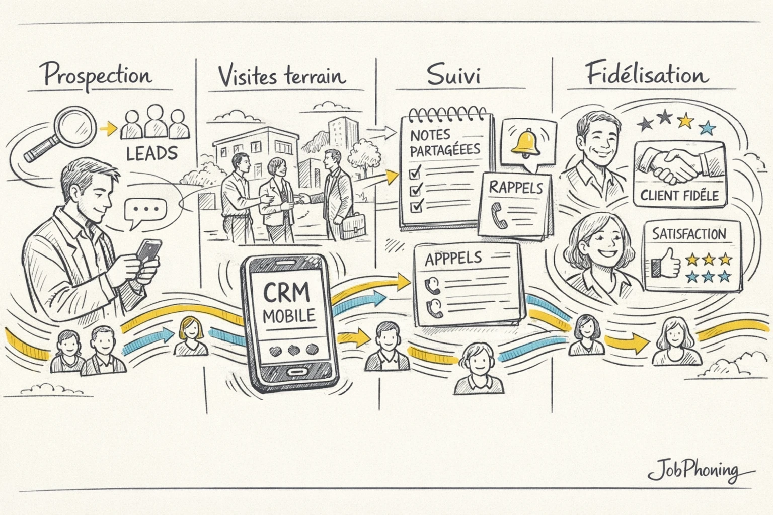 Schéma représentant le rôle central du CRM mobile via smartphone, pipeline et blocs reliés.