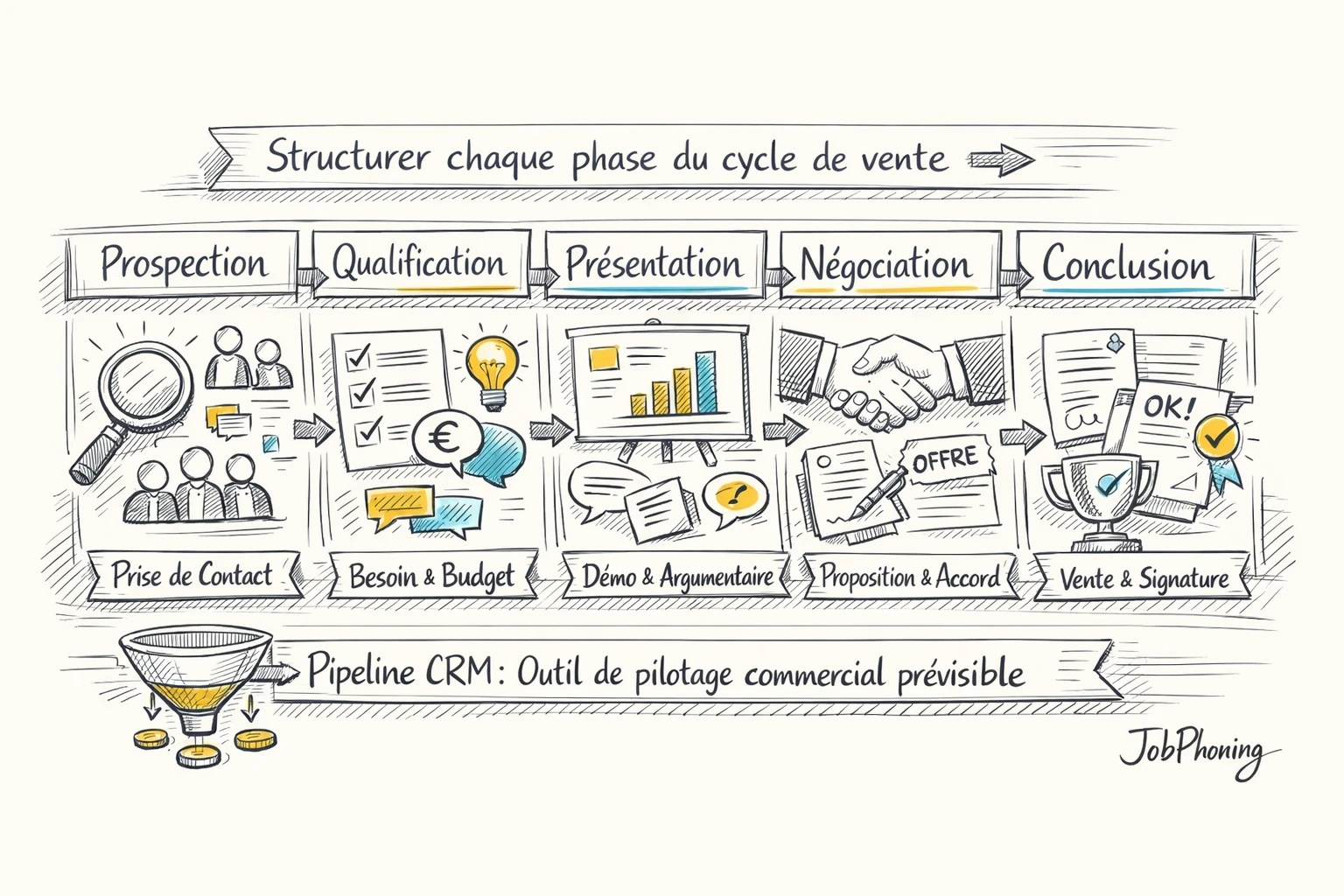 Schéma représentant l’optimisation d’un pipeline de vente CRM via blocs reliés et flèches séquentielles.