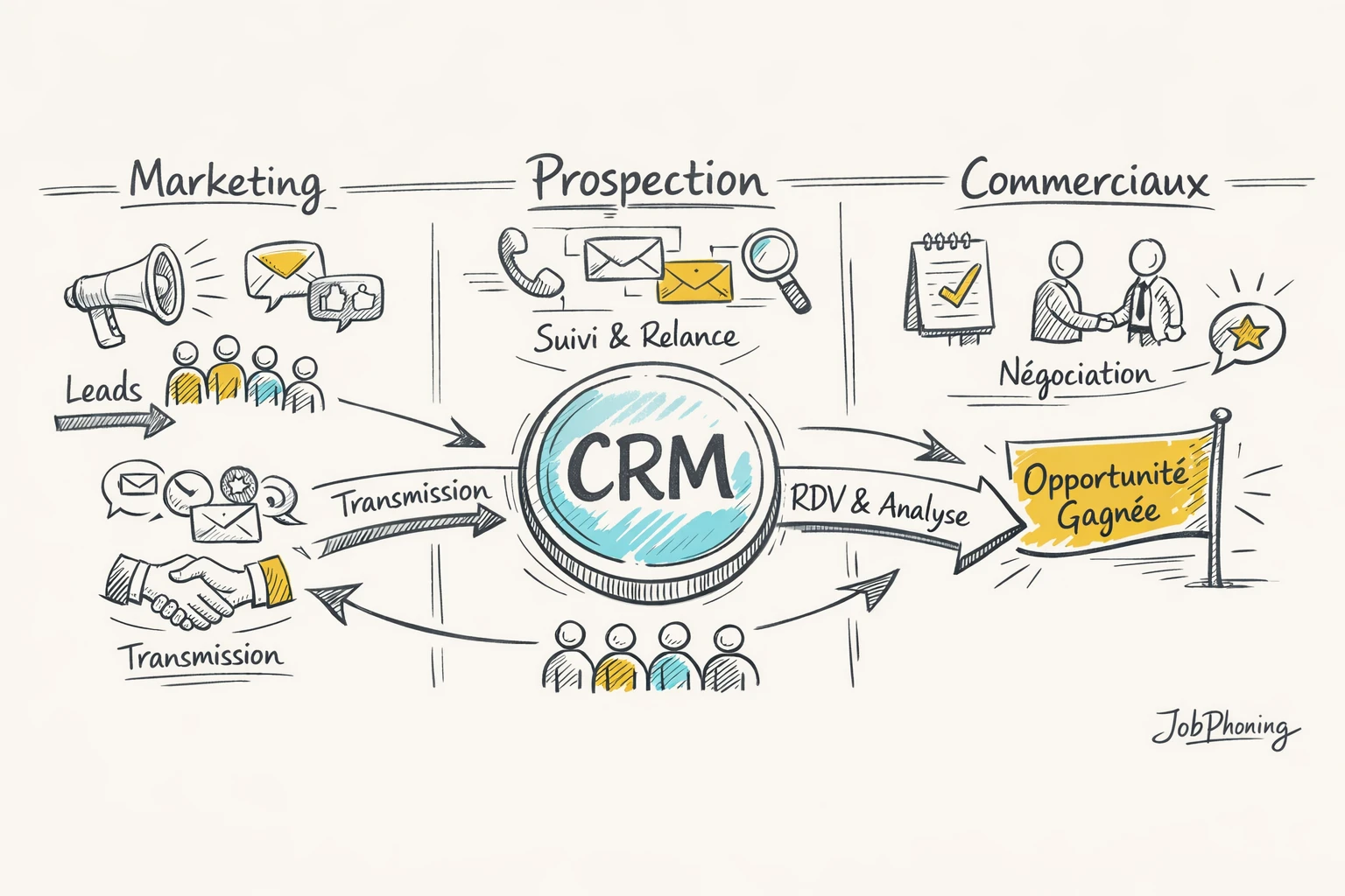 Infographie représentant le parcours d’un lead B2B via pipeline, CRM central et blocs d’opportunités alignés.