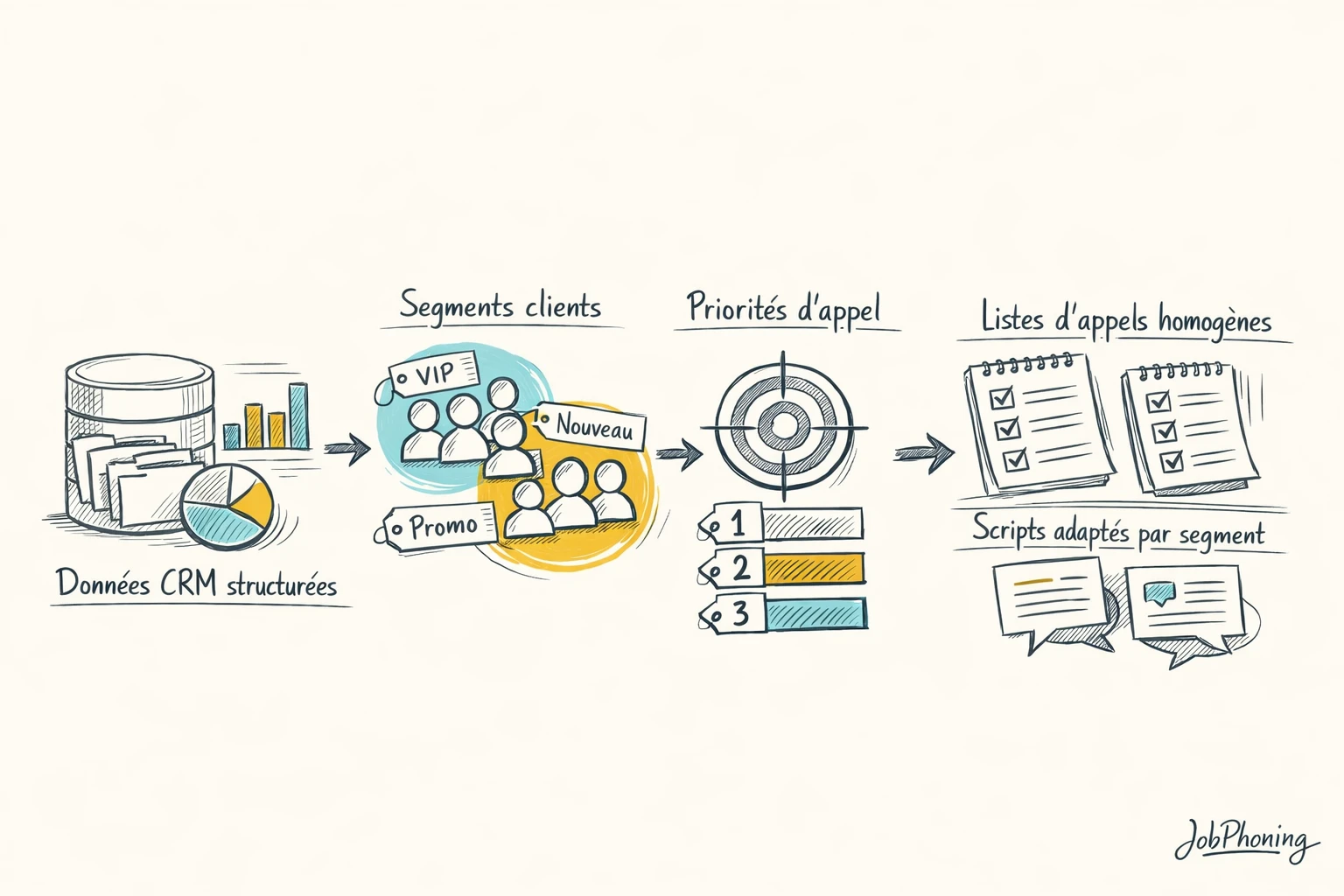 Schéma représentant la transformation de données CRM en appels structurés via blocs reliés et flèches