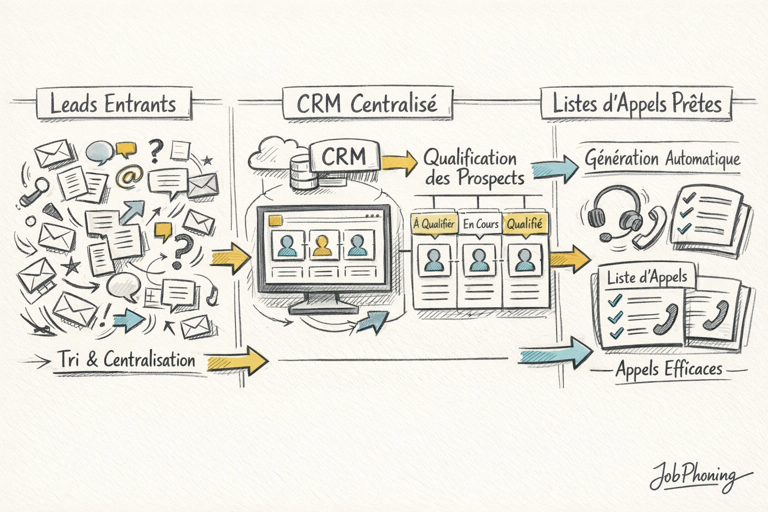 Infographie représentant la préparation des appels via pipeline CRM, filtres et files de leads organisées.