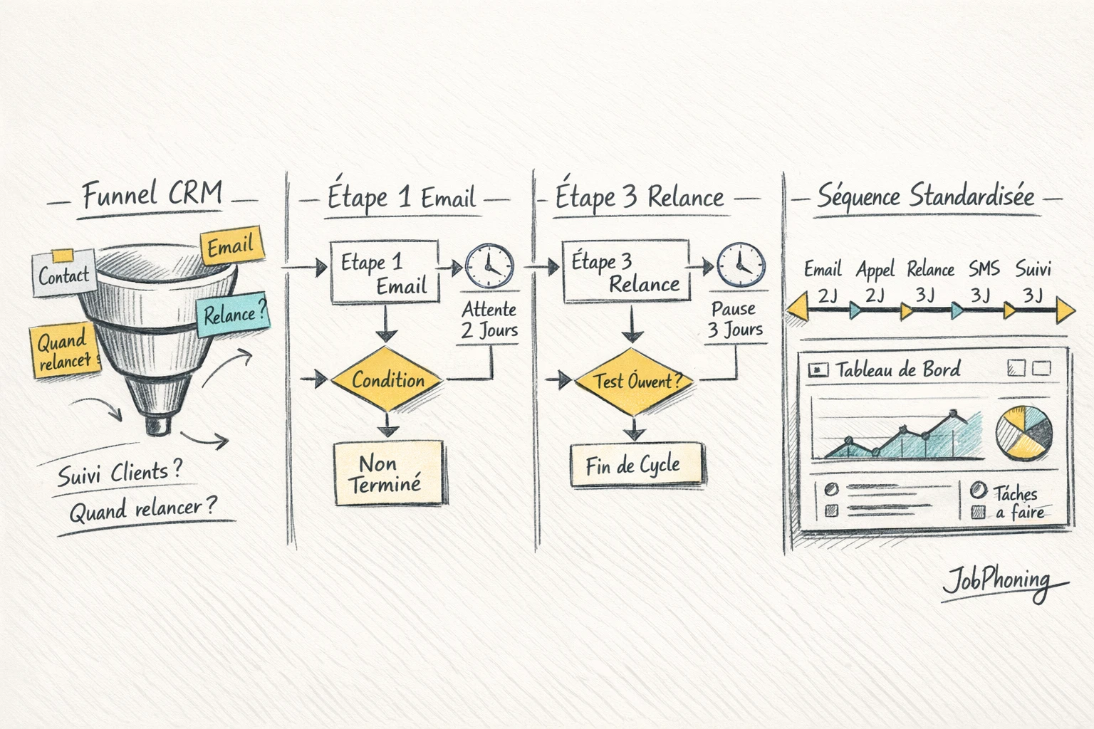 Schéma représentant la construction de séquences CRM via blocs reliés illustrant étapes, segments et automatisations.