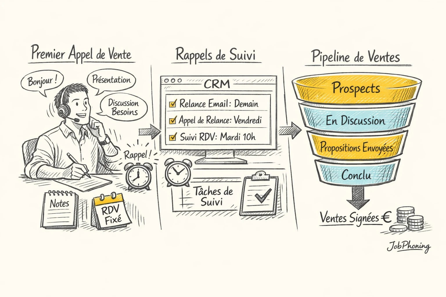Infographie représentant l’organisation des relances via pipeline horizontal, blocs alignés et connexions géométriques.