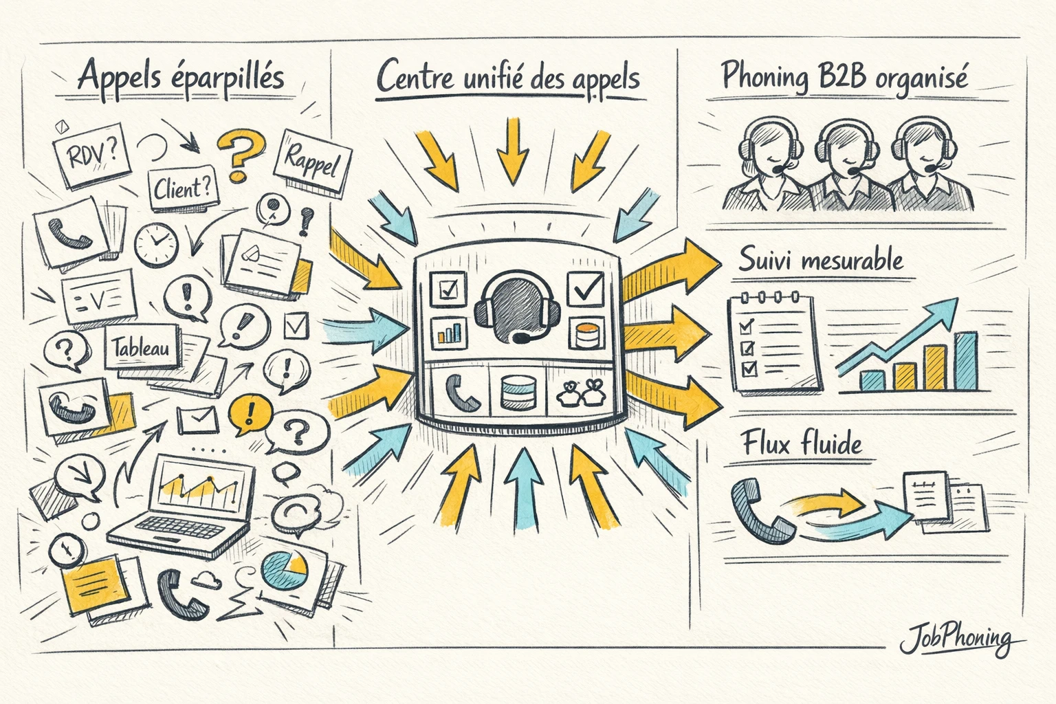Schéma représentant la centralisation des données d’appels via un noyau bleu entouré d’éléments dispersés jaunes