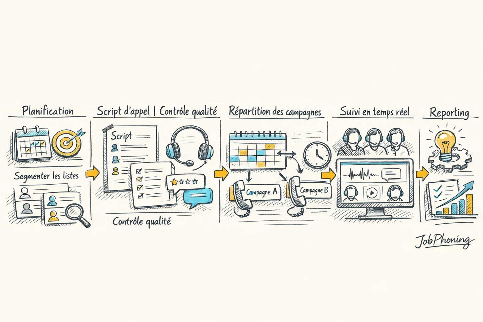 Schéma représentant l’organisation de campagnes d’appels via enchaînement de blocs et flèches minimalistes bleus et