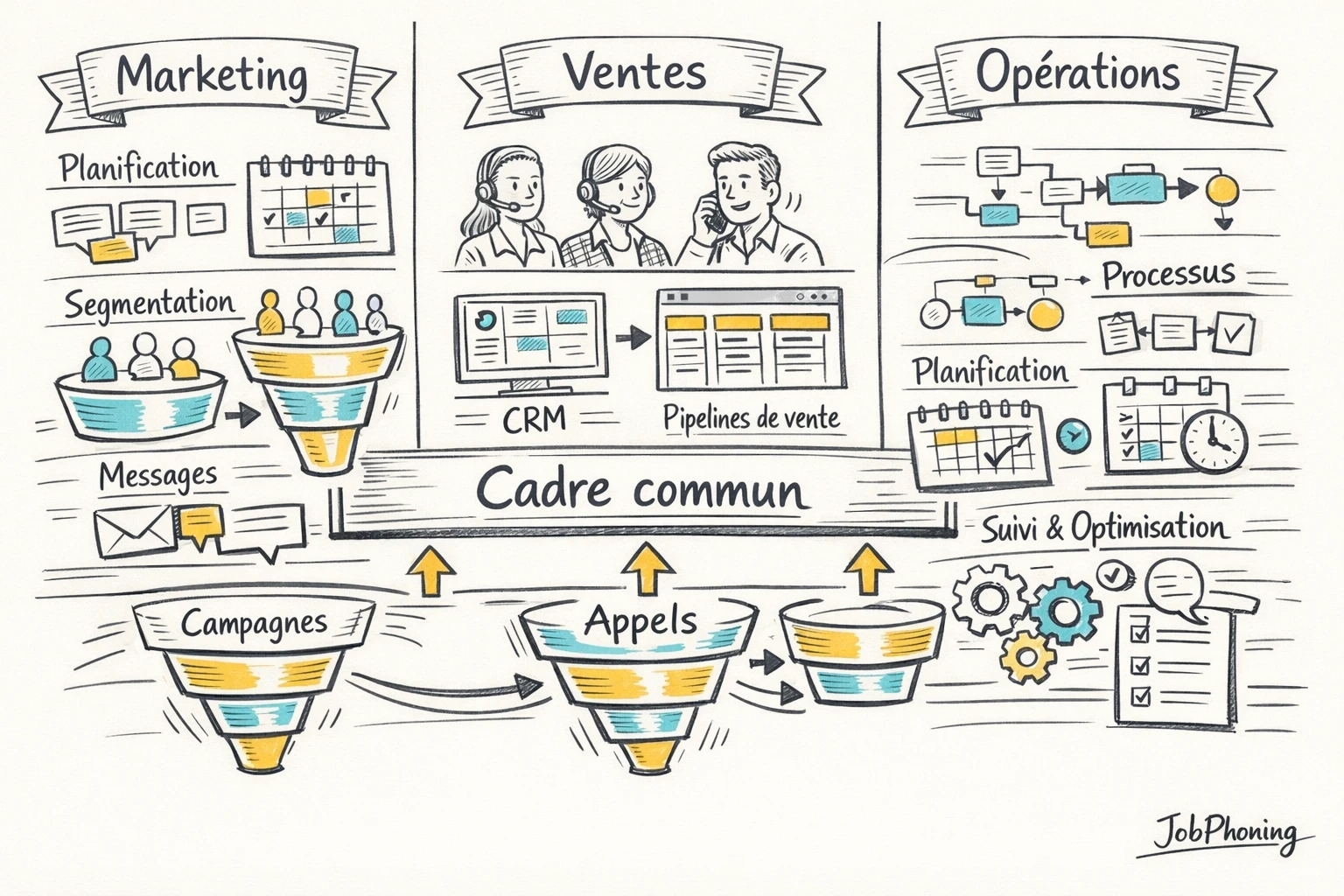Infographie représentant l’alignement marketing, ventes et opérations via triangle de cercles interconnectés et entonnoirs abstraits.