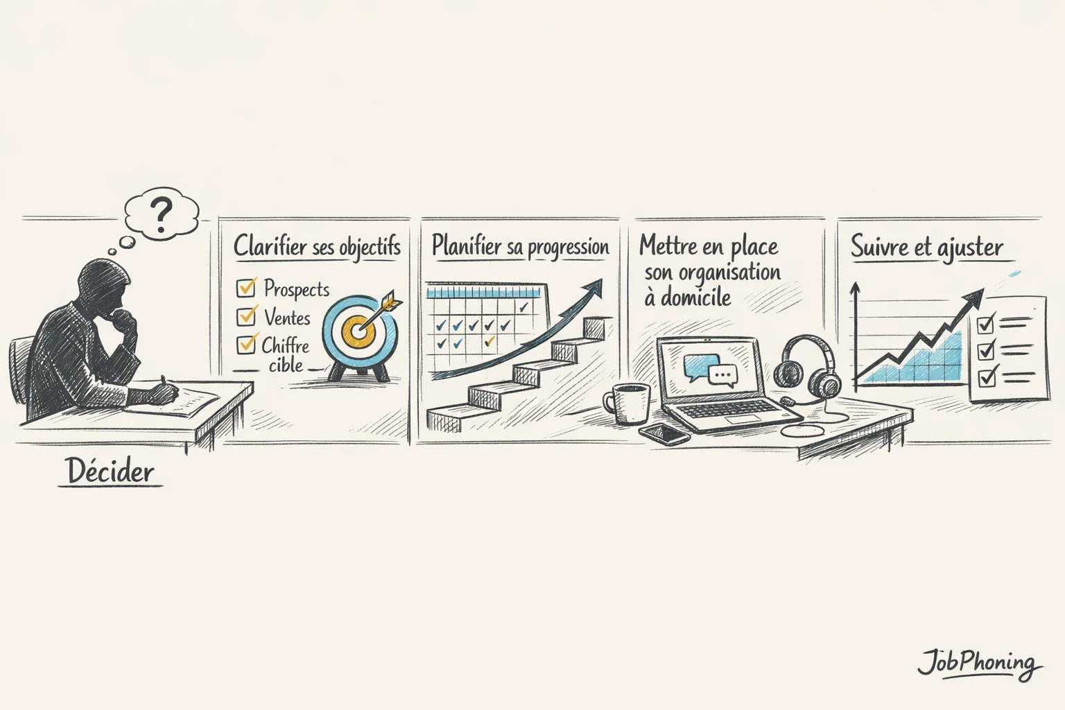 Schéma représentant le parcours du téléprospecteur à domicile via étapes reliées et flèches séquentielles