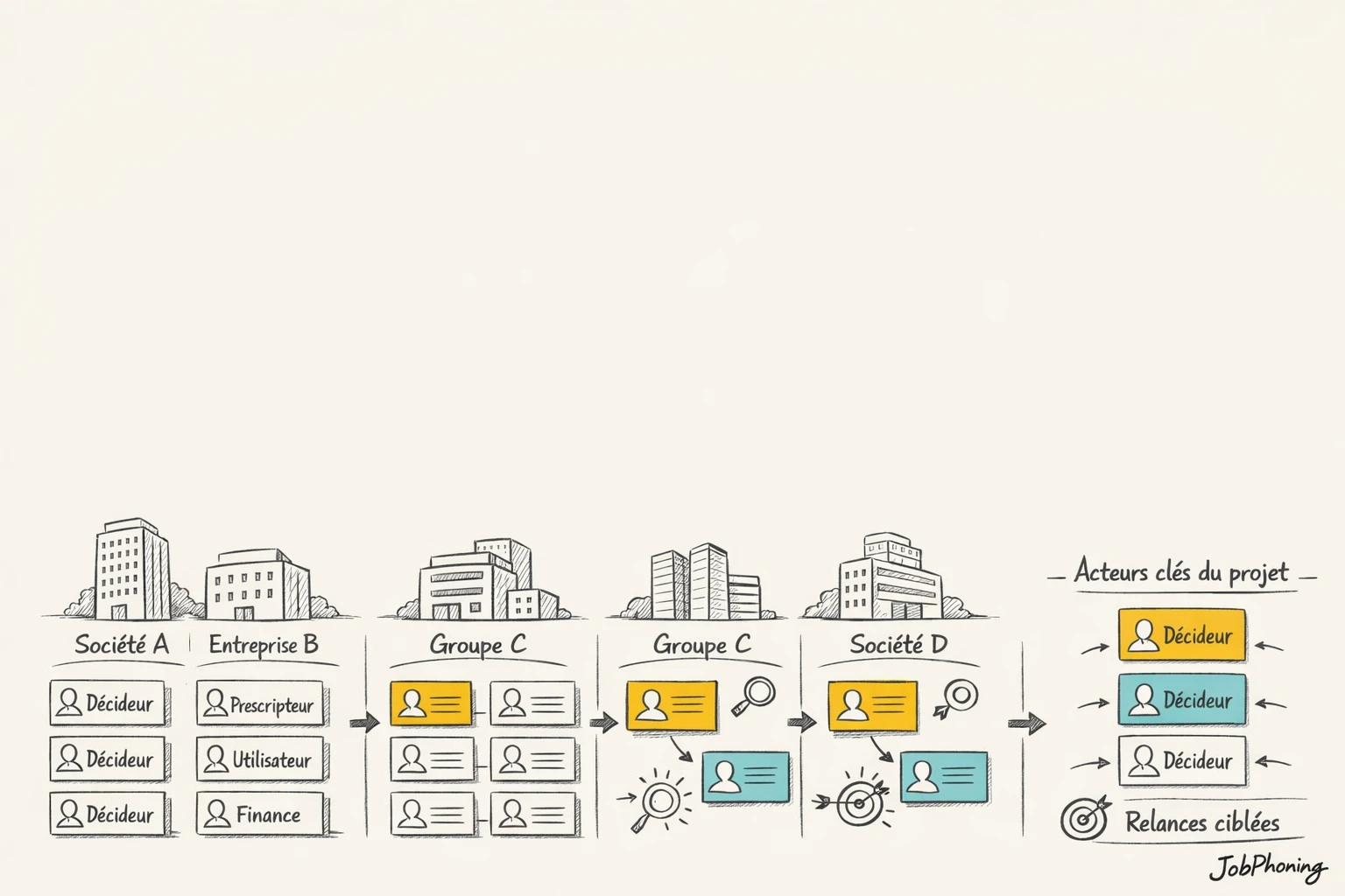Schéma représentant l’organisation d’un fichier prospects par comptes via rectangles reliés et niveaux de contacts