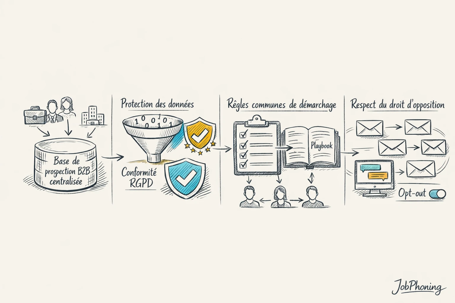 Schéma représentant la conformité du démarchage B2B via étapes séquentielles, flèches et base de données
