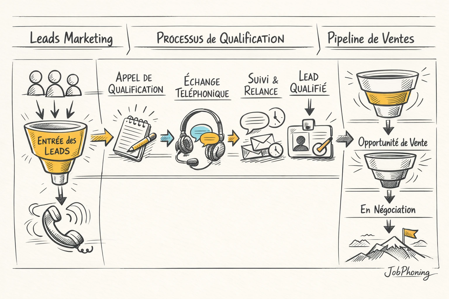 Schéma représentant un processus de qualification des leads via rectangles reliés et flèches successives