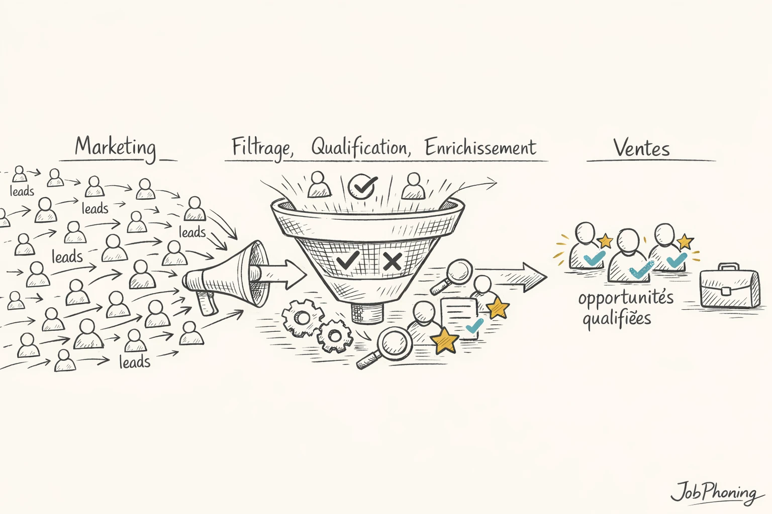 Schéma représentant la qualification entre marketing et ventes via un pipeline central et blocs géométriques