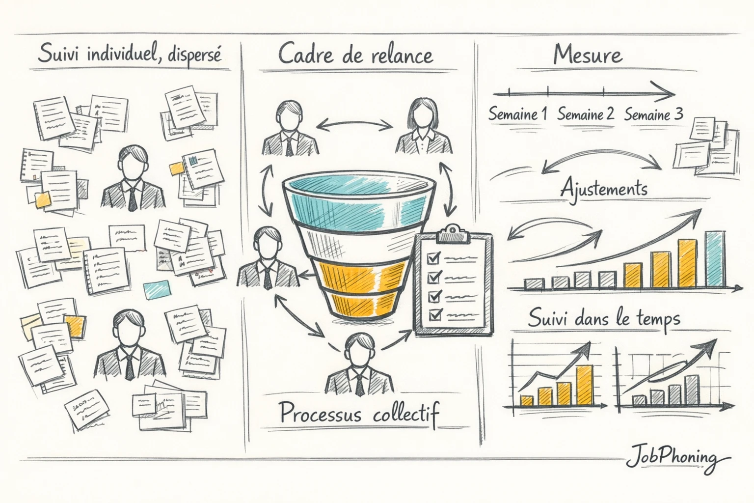 Infographie représentant la structuration du suivi des leads via hub central, étapes alignées et blocs