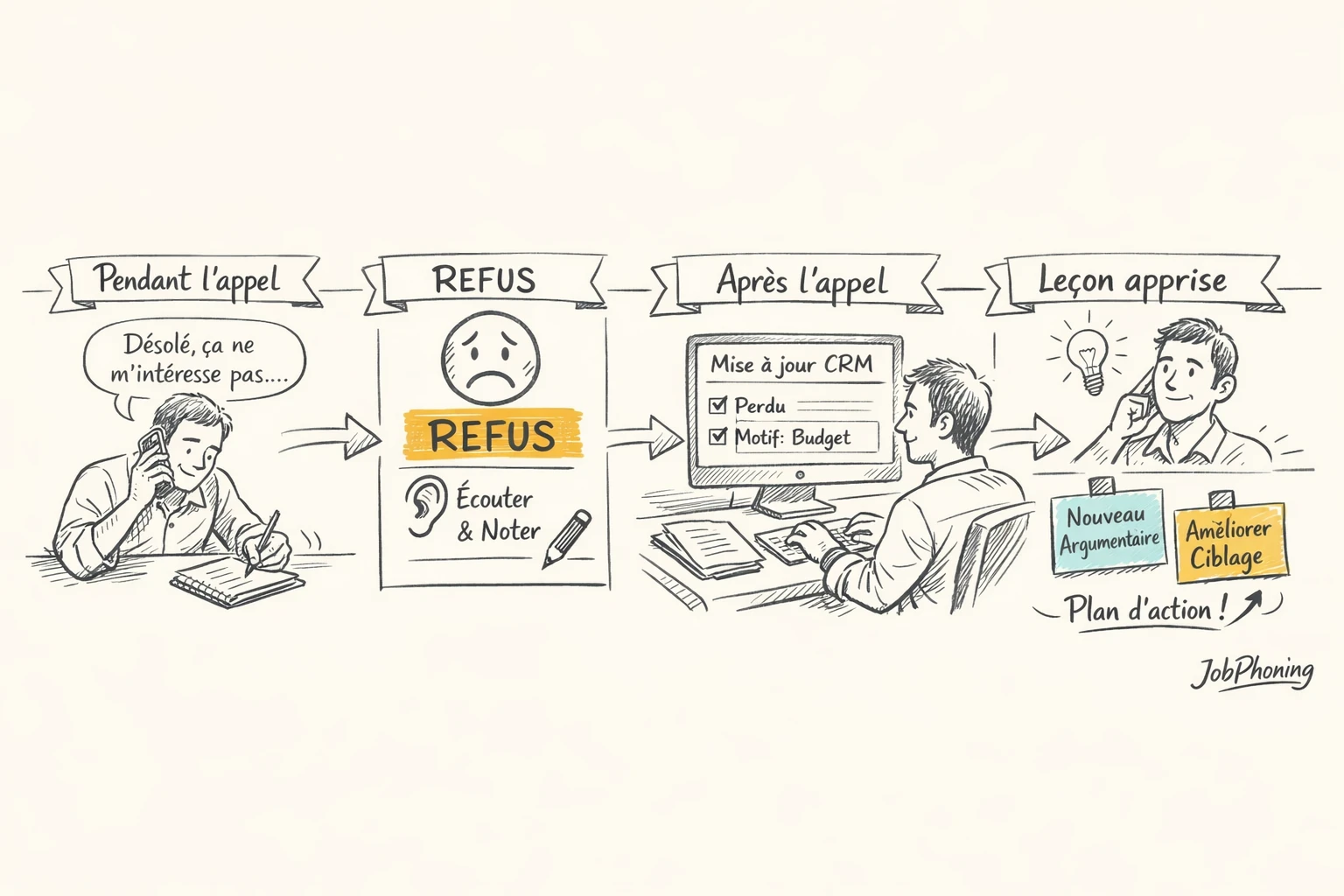 Schéma représentant la gestion d’un refus commercial via enchaînement de blocs et flèches structurés.