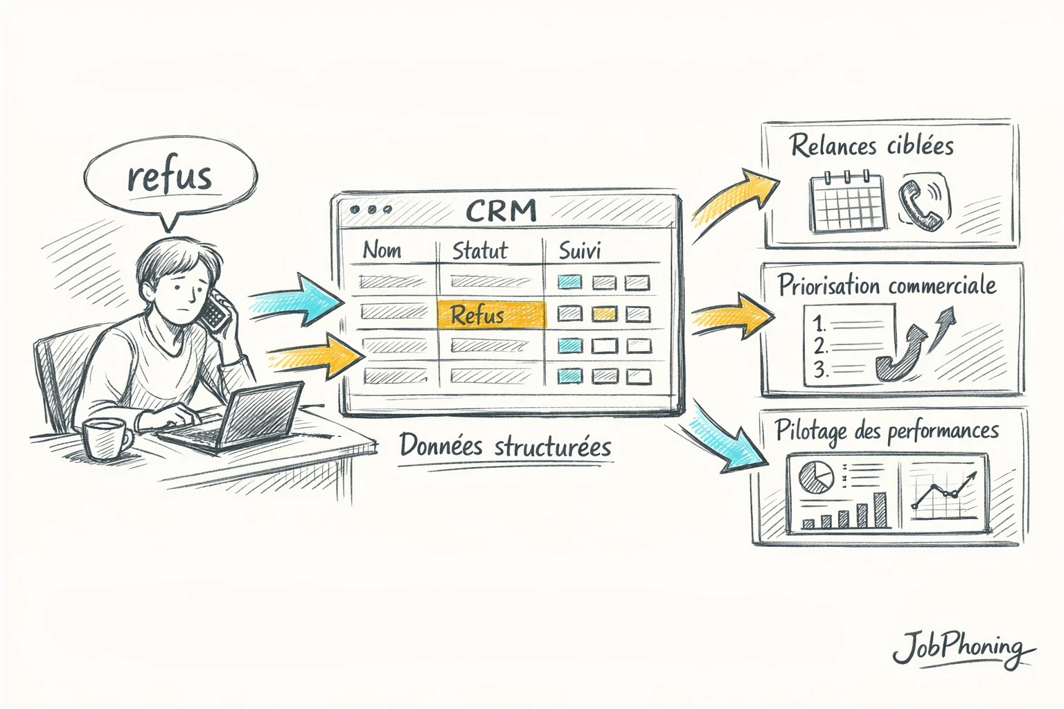Schéma représentant la gestion des refus en prospection via pipeline, flèches et base de données