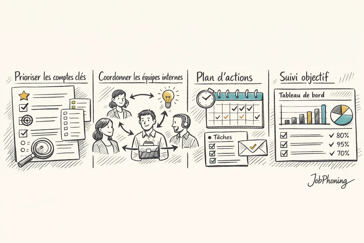 Schéma représentant l’organisation d’un processus de prospection grands comptes via plusieurs blocs reliés par des